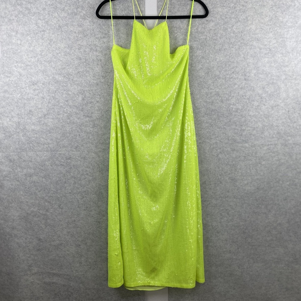 Zara Dress Womens Medium Yellow Sequin Cowl Neck Slip Midi Party Cocktail